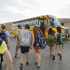 Rear view of schoolchildren walking towards bus going for field trip