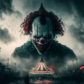 Horror clown and creapy funfair or circus. Concept of evil and f