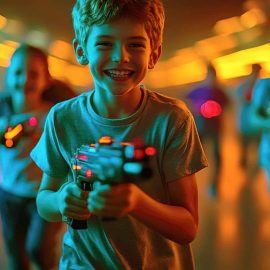 A boy gleefully charges forward in a laser tag arena, surrounded by dynamic neon lights and an atmosphere of playful competition.
